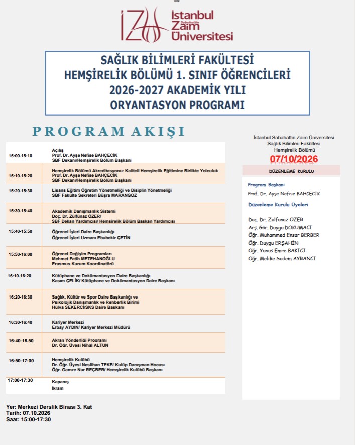 Hemşirelik Bölümü 2026-2027 Akademik Yılı 1. Sınıf Öğrencileri Oryantasyon Programı